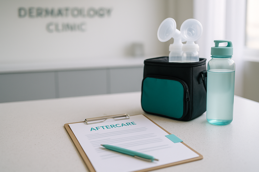 Calm clinic scene: breastfeeding parent reviews Botox aftercare; small pump cooler on desk, no logos.