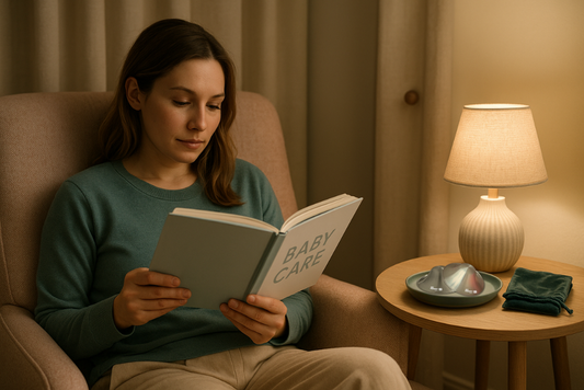 Silver nursing cups on tray in a warm reading corner as mom relaxes with a baby-care book | Go Mommy