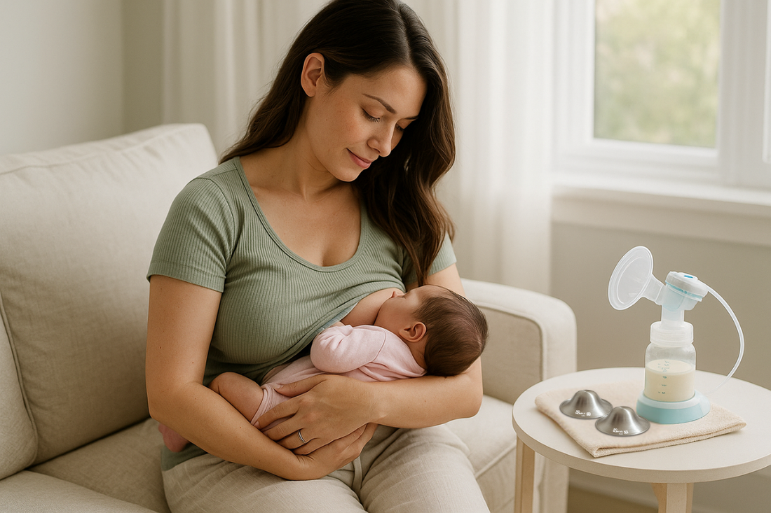 Mother holding newborn with shells and silver nursing cups on a table, bright cozy living room, family-friendly | Go Mommy
