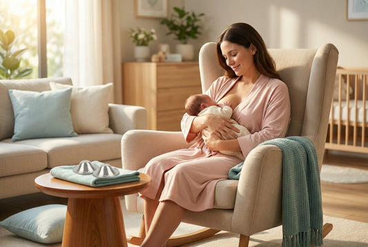A peaceful mother holding her newborn in a nursery with silver nursing cups resting on a nearby table for nipple protection
