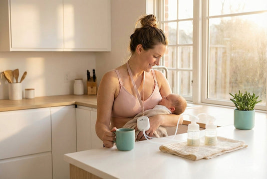 BabyBuddha 2.0 breast pump worn by a mother breastfeeding and multitasking in a modern kitchen setting