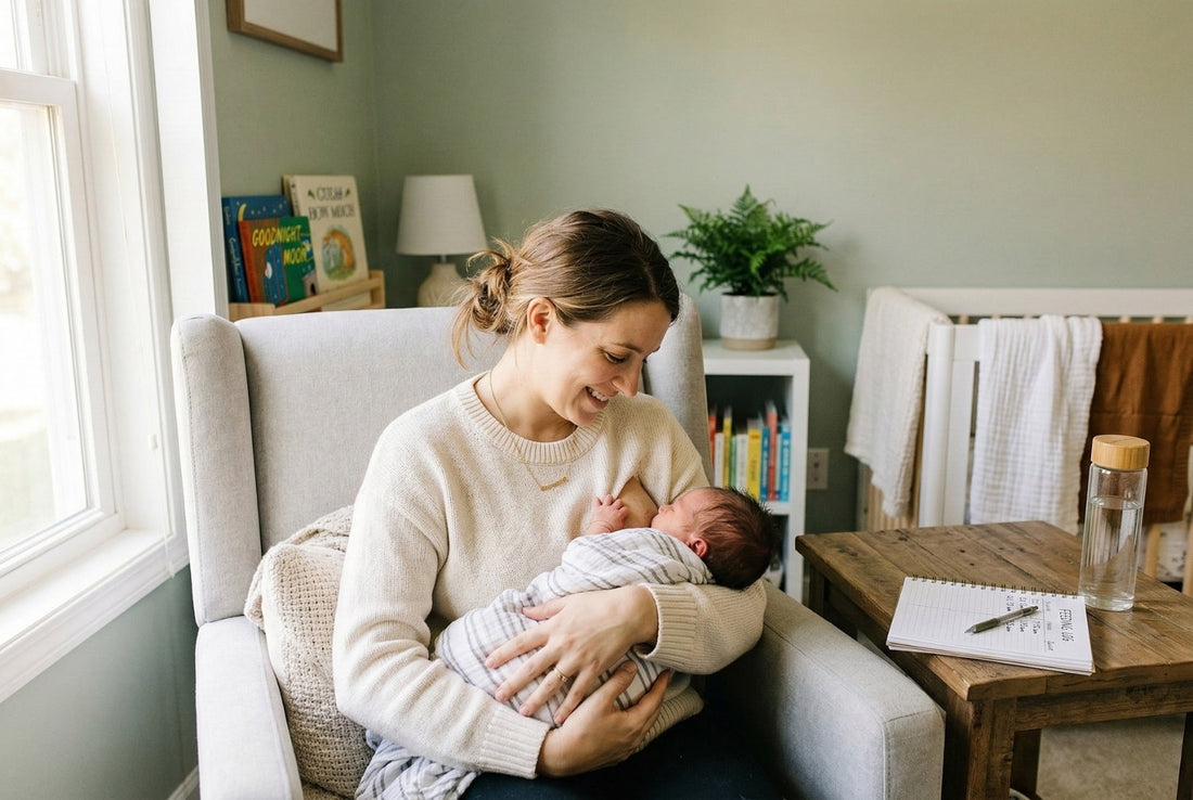 Mother breastfeeding her newborn in a nursery with a feeding log and water bottle on the side table