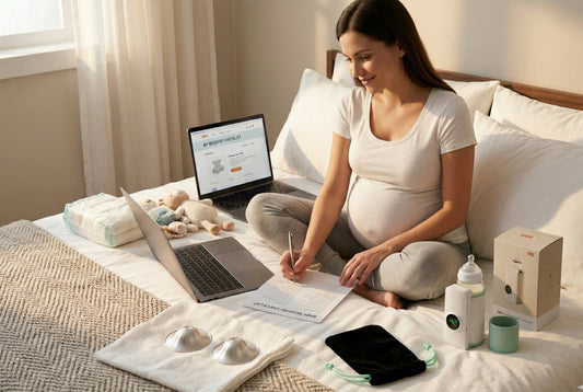  Pregnant mother building baby registry on laptop with portable bottle warmer silver nursing cups and printed checklist on bed around her