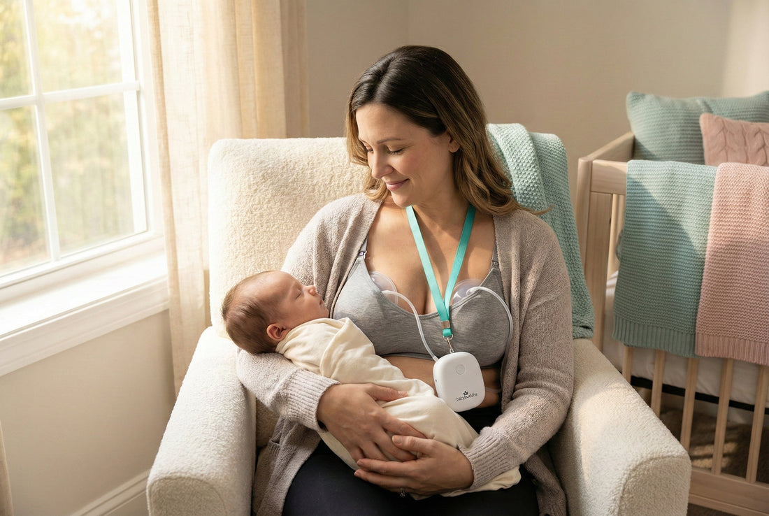 A multitasking mom uses the powerful BabyBuddha 2.0 double electric breast pump while working on her laptop in a bright living room.