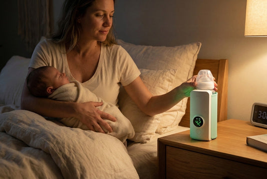 Side-by-side comparison of a corded countertop bottle warmer and a cordless portable bottle warmer for breast milk