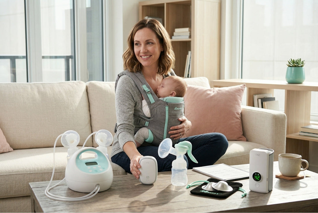 Mother with baby in carrier comparing three types of breast pumps on coffee table with silver nursing cups and bottle warmer nearby