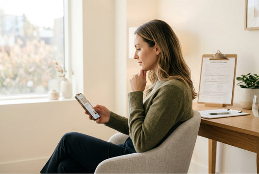  Thoughtful woman sitting in aesthetics clinic consultation room holding phone researching cosmetic procedures during breastfeeding