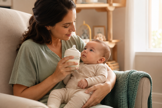 Mother holds a wide-base bottle near a calm breastfed baby in a nursery glider with soft natural light