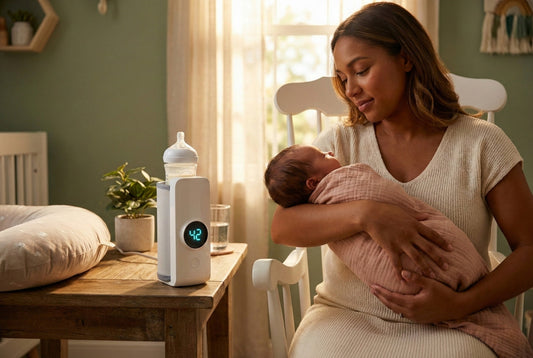 Portable bottle warmer for breast milk glowing on nursery table beside mother holding newborn baby in soft natural light