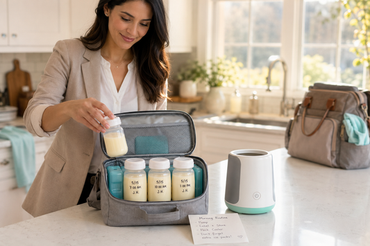 Working mother preparing labeled breast milk bottles and portable bottle warmer in cooler bag for daycare drop-off