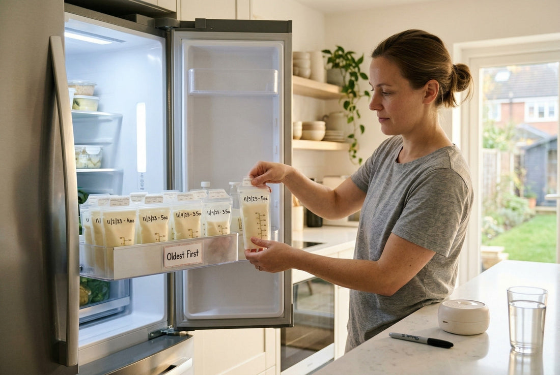 Mother organizing labeled breast milk storage bags in refrigerator with dates and volumes for proper FIFO rotation