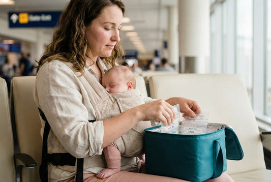 Breastfeeding mother tracking milk supply with diaper count chart and nursing cup on bedside table in modern nursery