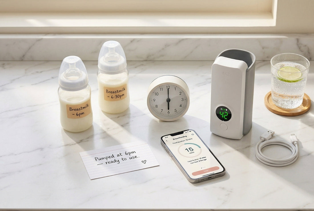 Flat lay of breastfeeding preparation toolkit with portable bottle warmer expressed milk storage bottles handwritten timing card phone app and water glass