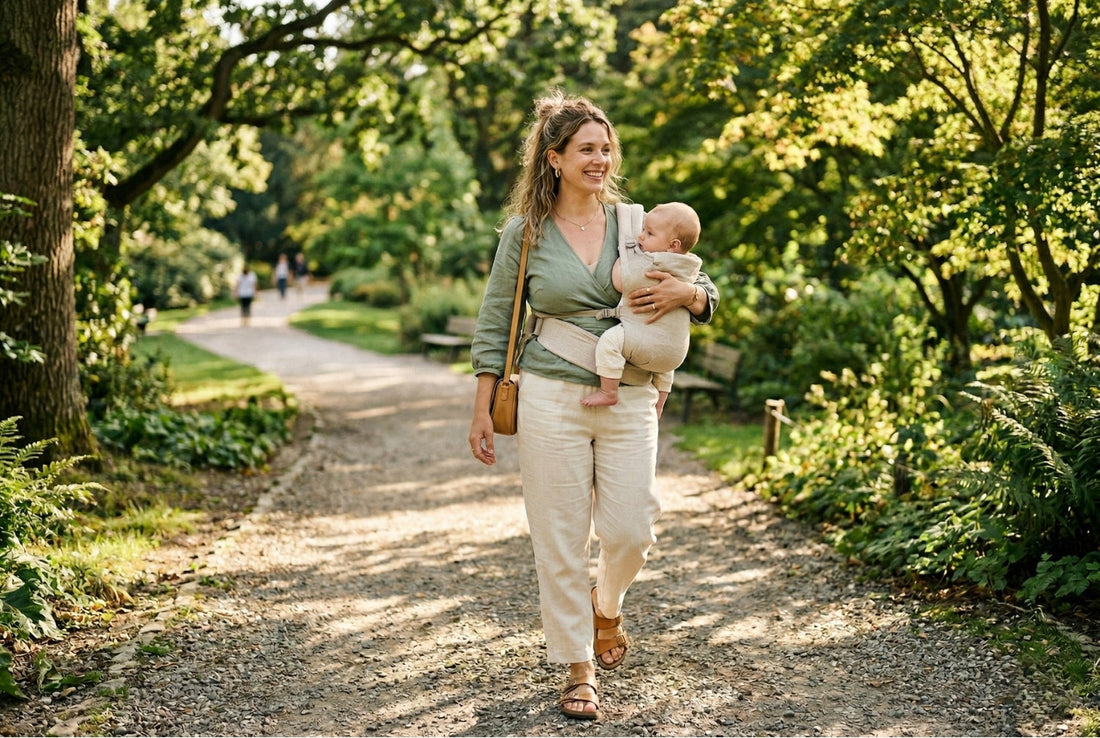 Mother walking through park wearing sage wrap nursing top and linen pants with baby in carrier