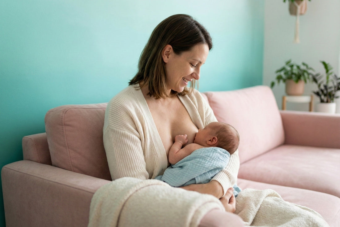 Ultra-realistic photo of a serene mother cradling her newborn in a sun-drenched nursery focusing on breastfeeding comfort