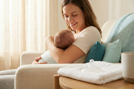 American mother breastfeeding newborn baby comfortably in a sunny nursery with nursing essentials on table