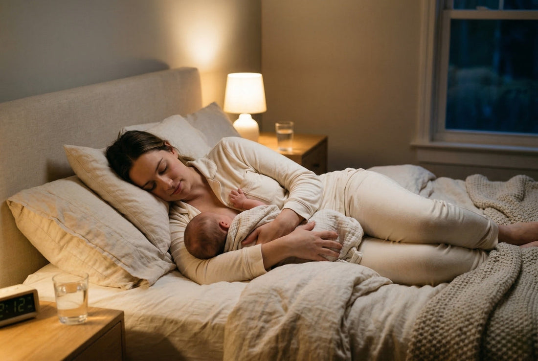 Mother lying in bed nursing baby in side-lying position with pillow support and dim lamp for night feeding
