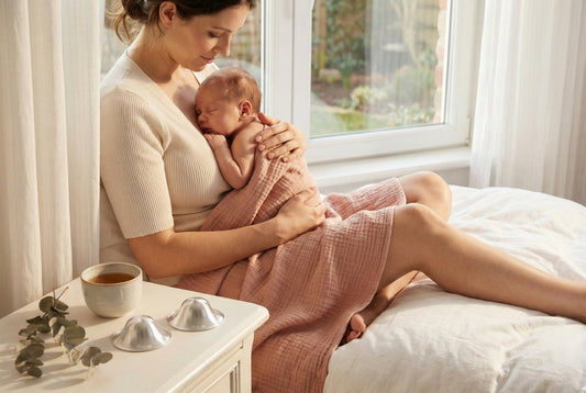 Mother nursing newborn skin-to-skin with silver nursing cups on bedside table for breastfeeding struggle relief.