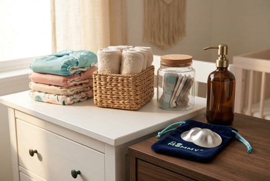 Organized changing station: teal & pink cloth diapers, inserts, wipes, and silver nursing cups in a velvet pouch.