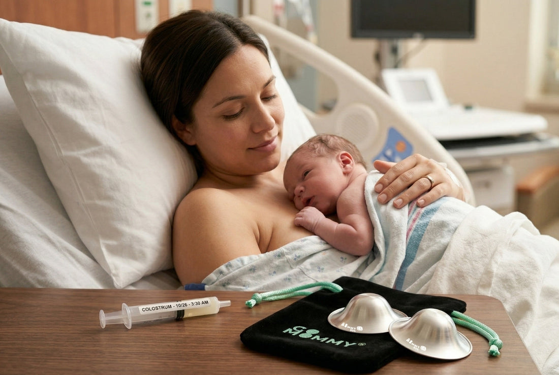 New mother skin to skin with newborn in hospital with colostrum collection syringe and silver nursing cups on bedside table after birth