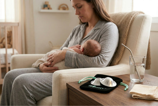 Tired but calm mother seated in nursery armchair after breastfeeding with silver nursing cups in velvet pouch on side table beside her