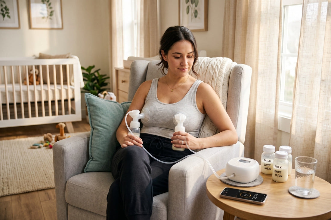 Mother using double breast pump in nursery with labeled milk bottles and timer on side table
