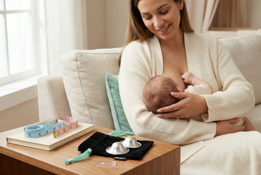  New mother in cream nursing bra seated in armchair attempting skin-to-skin breastfeeding with newborn using C-hold technique in bright nursery