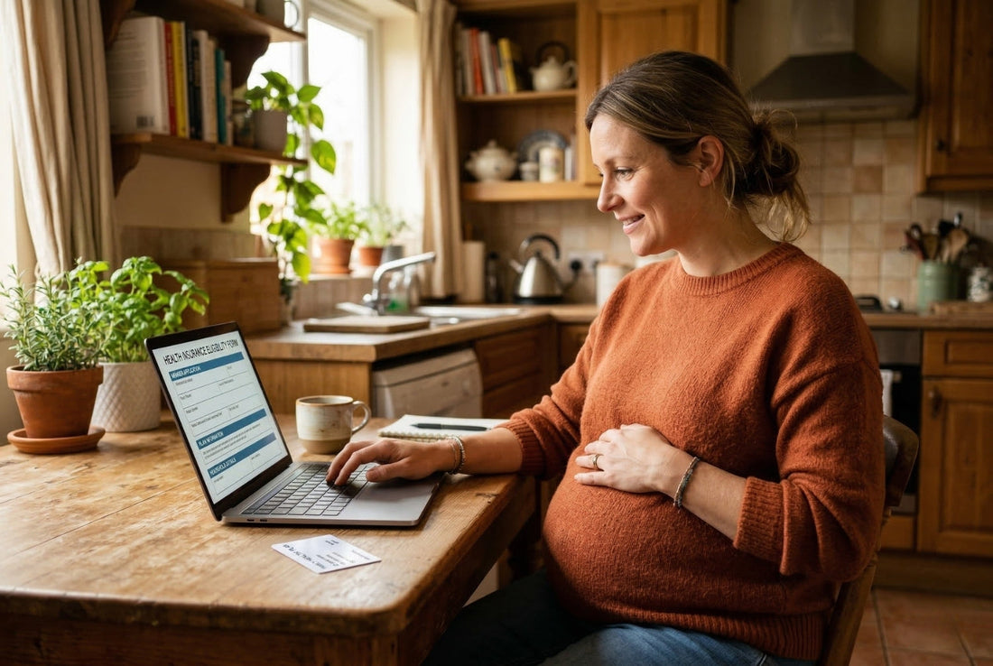 Pregnant mother opening a delivery box containing a breast pump at her front door, bright porch daylight, relieved expression, suburban home entrance