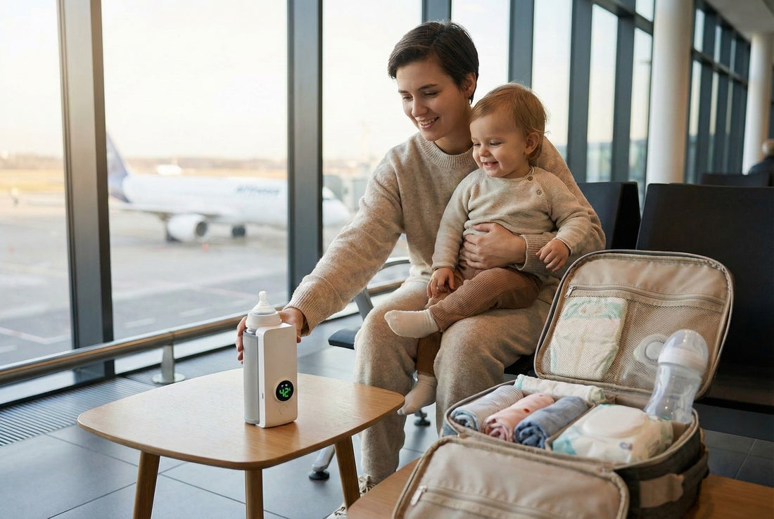 Mother holding baby at airport gate with portable bottle warmer on table and open diaper bag nearby