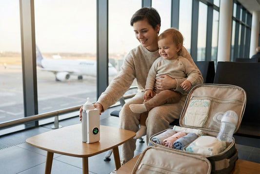 Mother holding baby at airport gate with portable bottle warmer on table and open diaper bag nearby