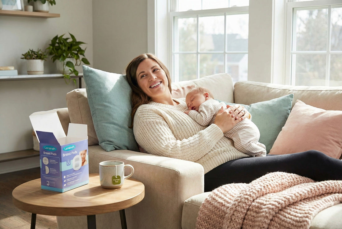 A smiling mom holds her newborn baby comfortably on a sofa, with nursing pads on a side table, showing confidence in managing breastfeeding leaks.