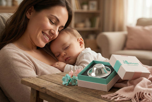 A peaceful mother holding her newborn baby with silver nursing cups displayed on a nearby table for nipple protection