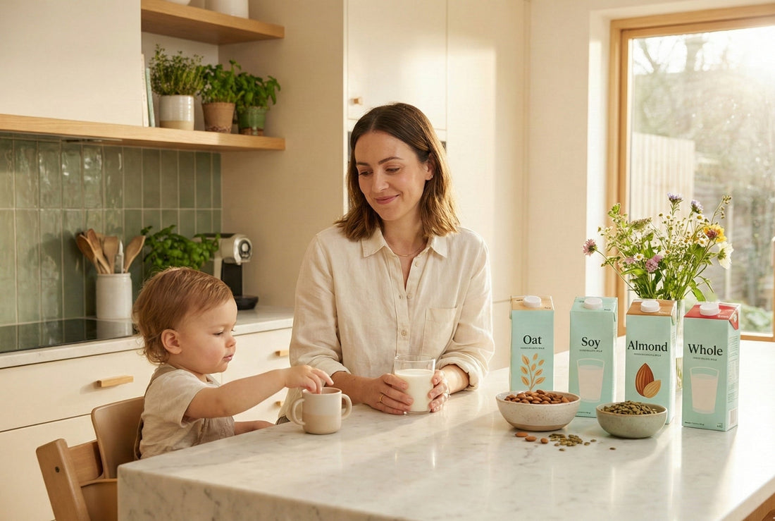 Mother and toddler choosing healthy milk options in a bright kitchen, supporting healthy milk levels for the whole family.