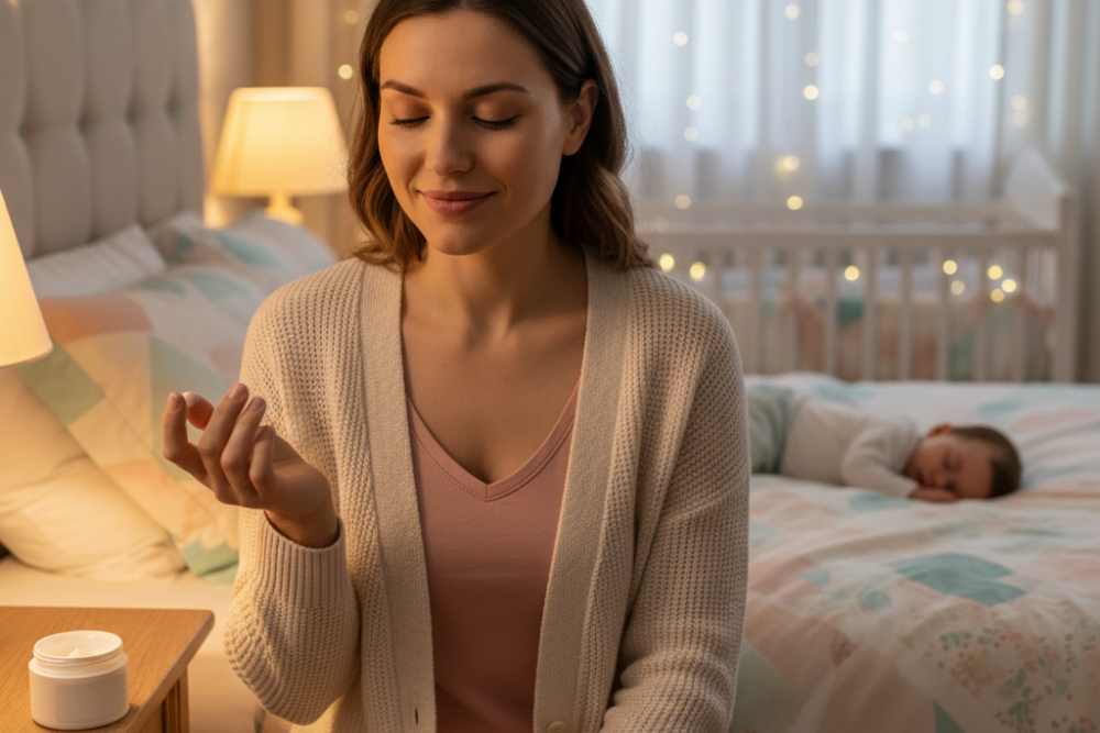 New mom holding baby beside a jar of nipple cream for nursing in a cozy pastel living room | Go Mommy