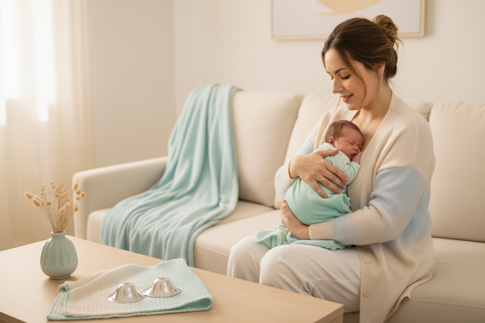 Smiling mom in a bright nursery with silver nursing cups on a table, calm premium home vibe | Go Mommy