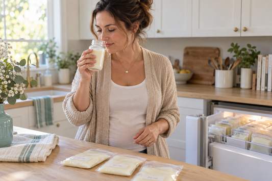 Mother smelling a thawed bottle of breast milk at a kitchen counter, frozen milk bags beside her