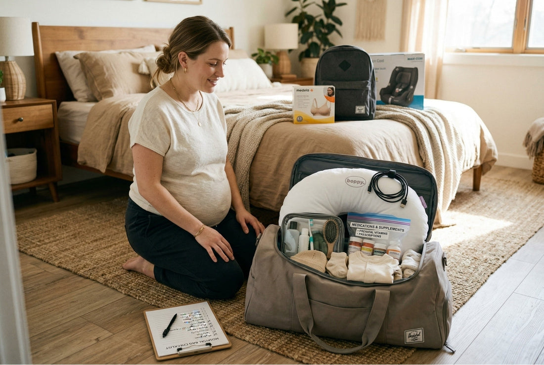 Pregnant mother kneeling beside organized open hospital bag with checklist on clipboard and newborn items neatly packed on bedroom floor