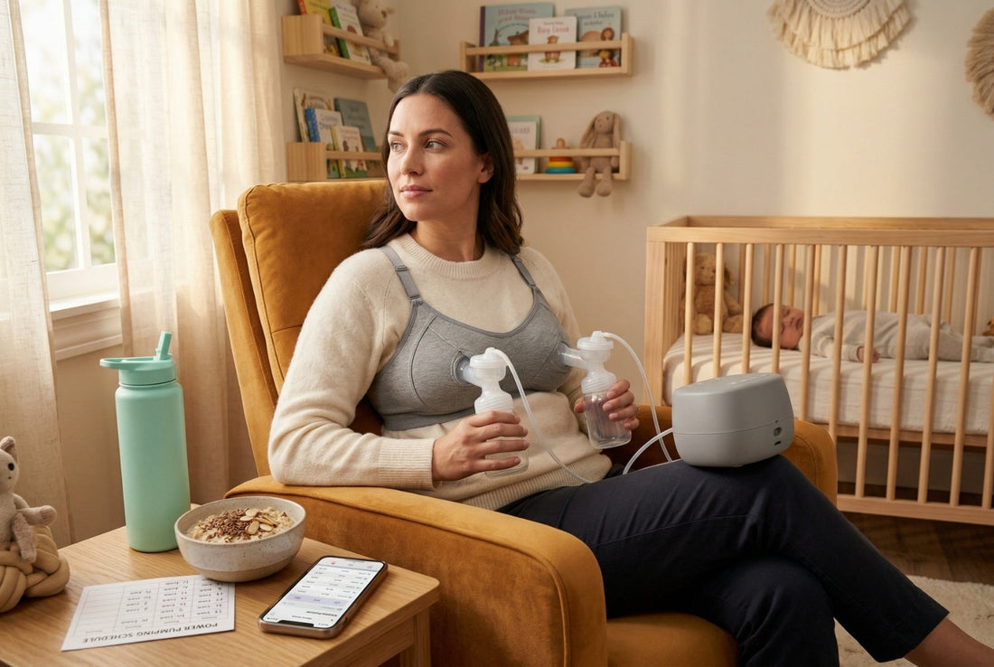 Mother double pumping with hands-free bra in nursery at morning feeding session with water bottle oats and power pumping schedule nearby