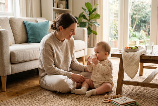 Mother sitting with baby on living room floor as baby drinks from sippy cup during gentle weaning transition