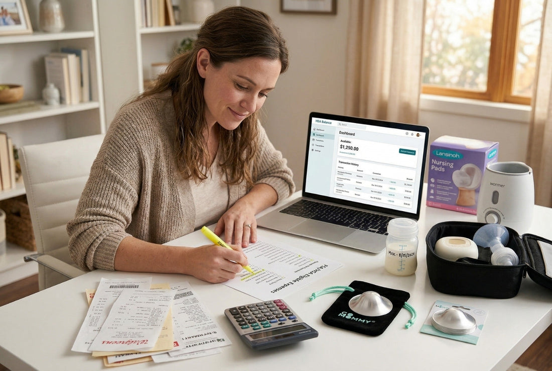 Mother reviewing HSA FSA eligible baby items checklist at home desk with breast pump nursing cups bottle warmer and account dashboard on laptop