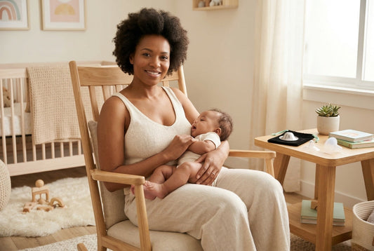 Confident mother in a nursery with breastfeeding tools including a nipple shield, silver nursing cups, and breast pump on the side table, conveying that inverted nipples are manageable