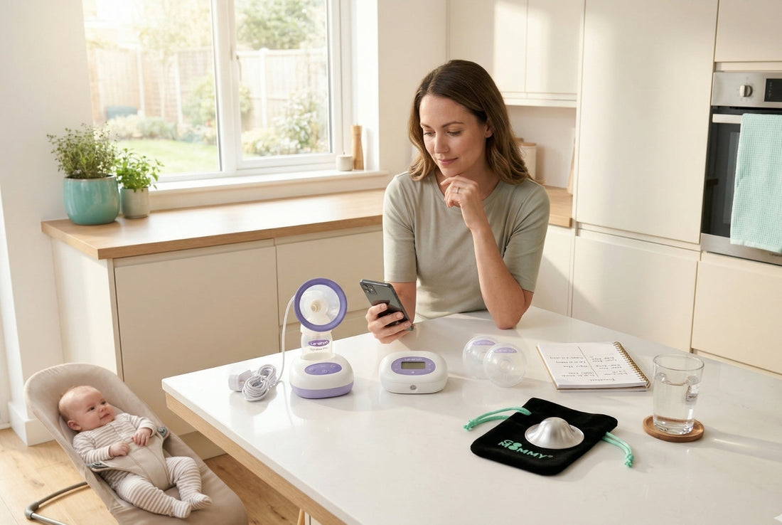 Mother at kitchen island comparing Lansinoh Signature Pro Smartpump 3.0 and wearable pumps with silver nursing cups and app on phone