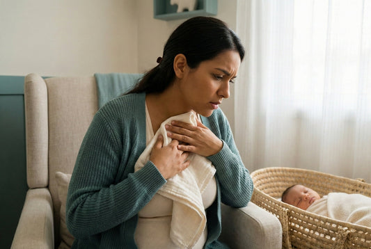 Woman applying warm compress to relieve mastitis breast pain symptoms while her newborn rests nearby in nursery