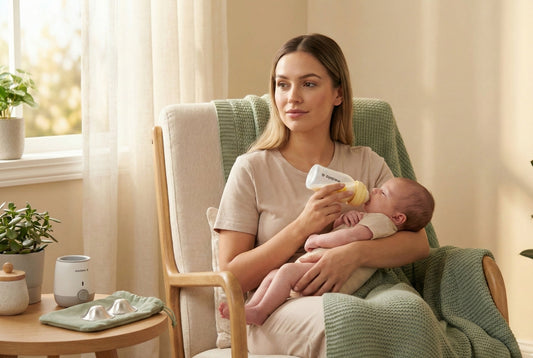 Mother bottle feeding newborn with Medela Calma breast milk nipple in cozy nursery, supporting natural breastfeeding transition