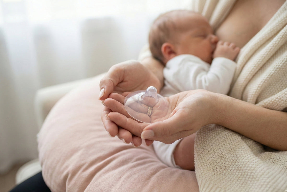 Close-up of a mother holding a silicone nipple shield while her newborn rests against her chest in soft focus