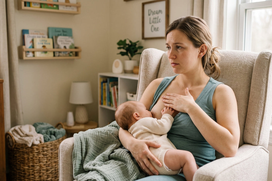 Mother in nursery chair noticing nipple discomfort during breastfeeding pause