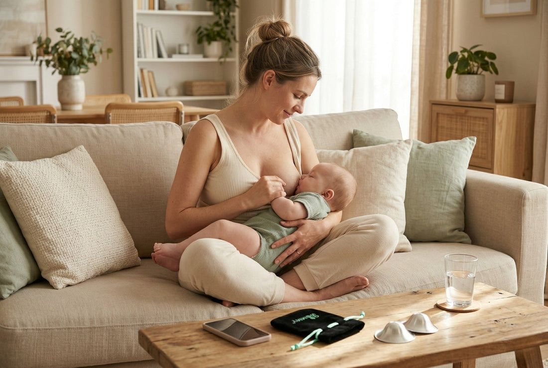 Mother calmly nursing three-month-old baby on sofa with silver nursing cups and water on coffee table