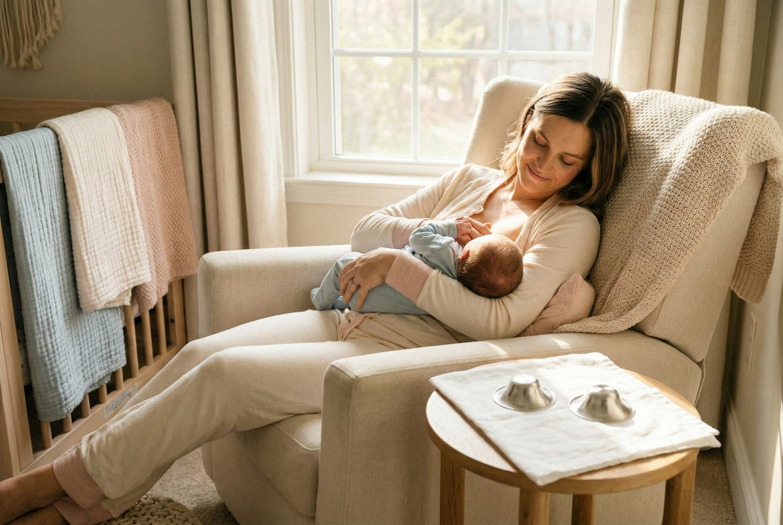 A mother and newborn relax in a sunlit nursery with silver nursing cups nearby, showcasing a peaceful breastfeeding moment.