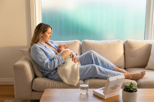 A mother cuddling her newborn in a sunlit living room with Nipple Hydrogel Pads on the table, symbolizing postpartum care and bonding