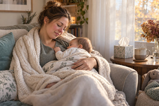Mother wrapped in a blanket nursing her baby while recovering from a cold at home